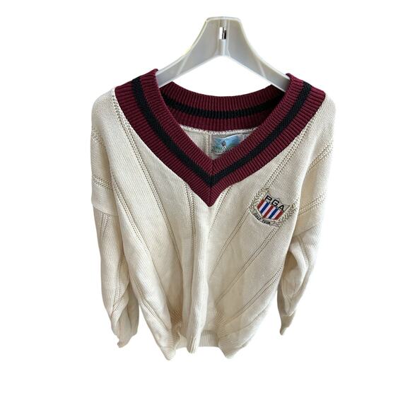 American Creation USA Golf V Neck White Sweater VTG PGA Golf Tour Size Large